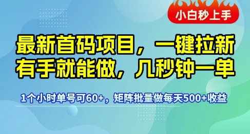最新首码项目，一键拉新有手就能做，几秒钟一单，1个小时单号可60+，矩阵批量做每天5张【揭秘】 - 壹启创课-壹启创课
